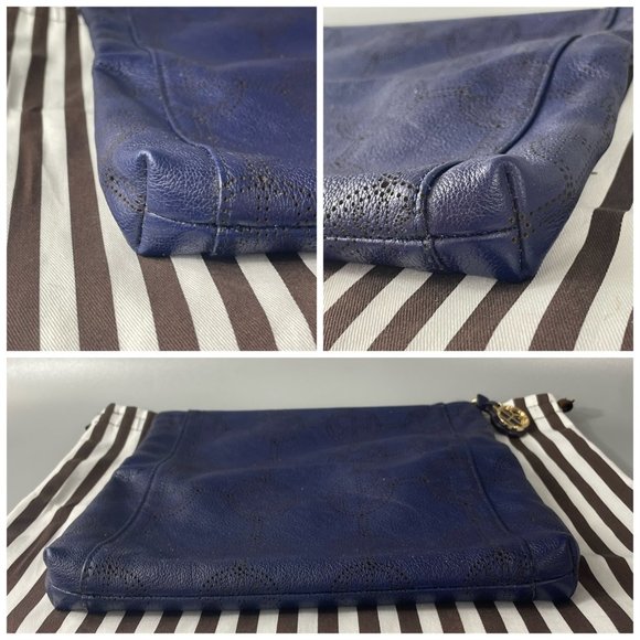 Henri Bendel Indigo Blue Leather Laser-cut Logo Fold-over Clutch